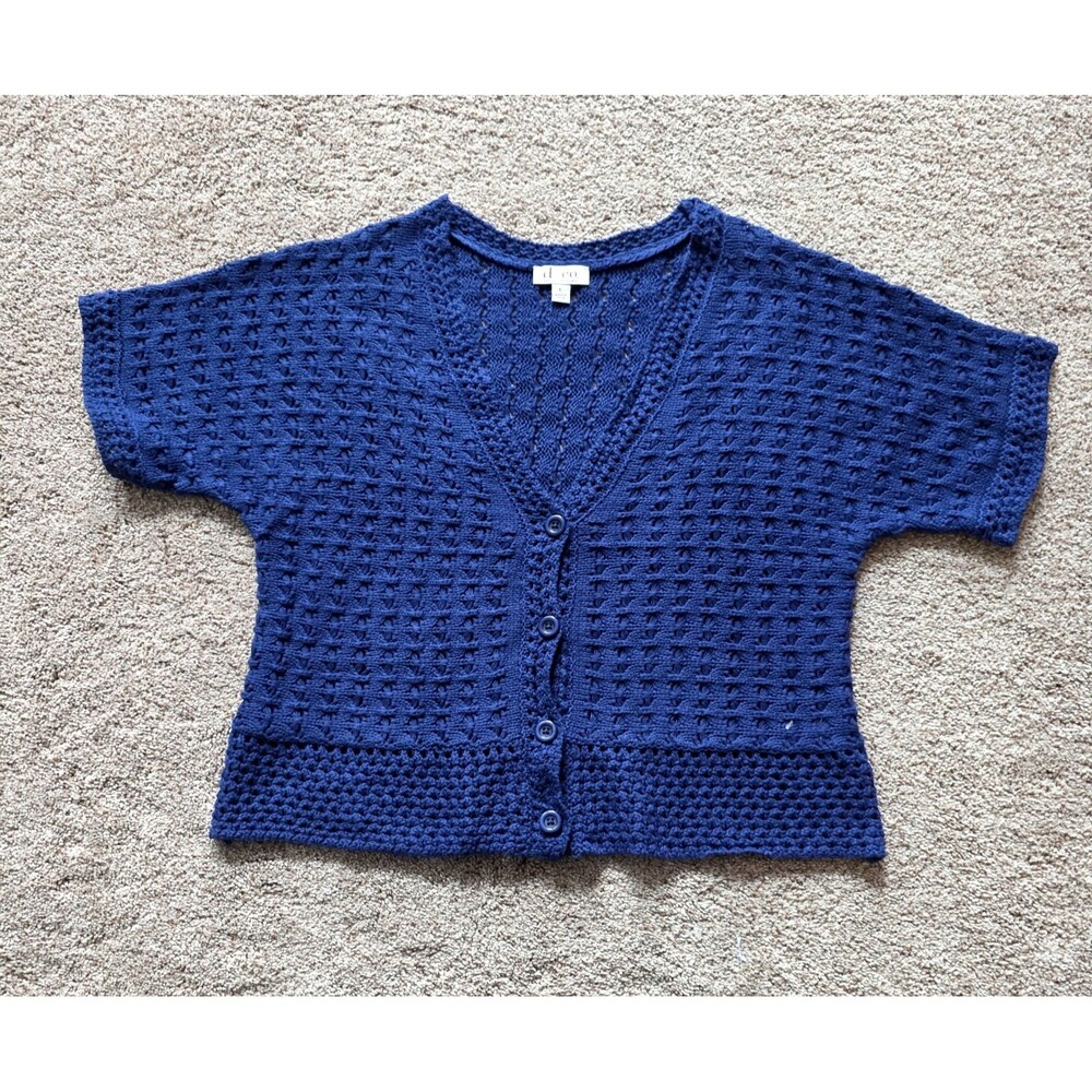 Denim & Co Crochet Cardigan M Button Front Short Sleeve  V Neck Blue A265696